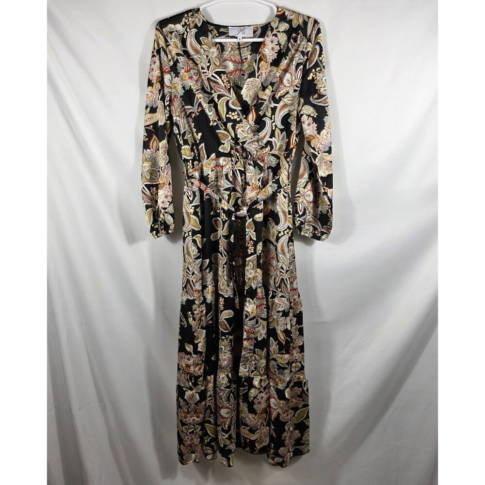 JS Millenium Black Long Sleeve Midi Dress Size Small Cream Beige Paisley Floral